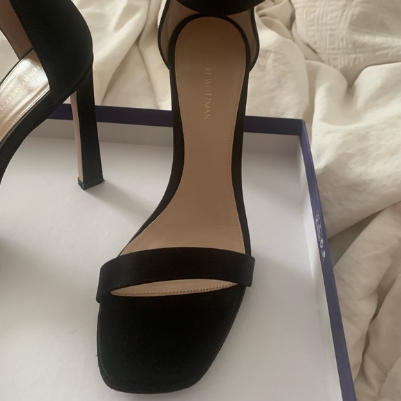 STUART WEITZMAN 100S Square Nudist Black Satin Sandal - Size 7.5 - Like New - Picture 3 of 11